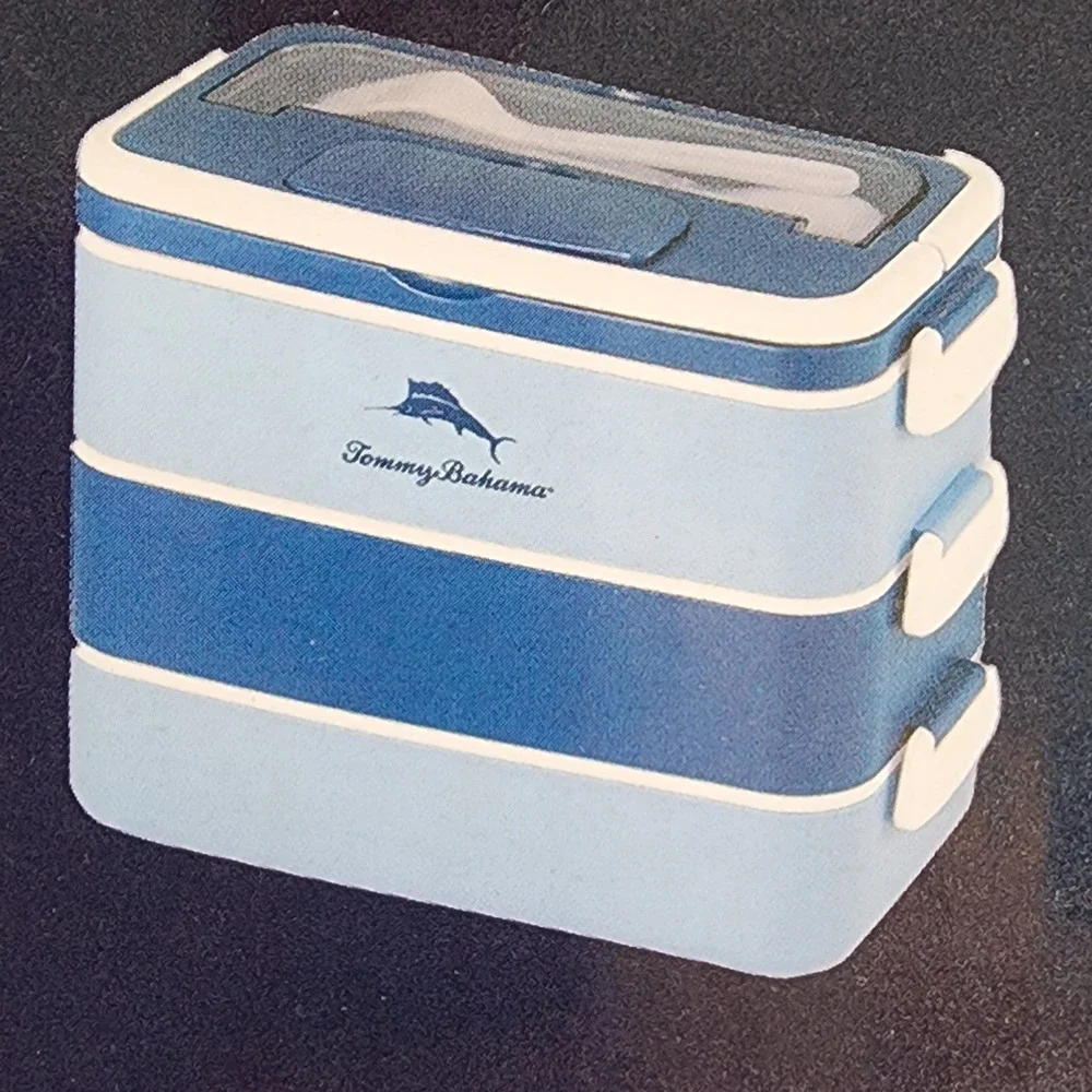 Tommy Bahama Bento Box Blue Multi Tier Leakproof Lunch Box with Cutlery INV01009